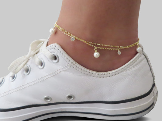 'GOLD & PEARL BEZEL DROP ANKLET'