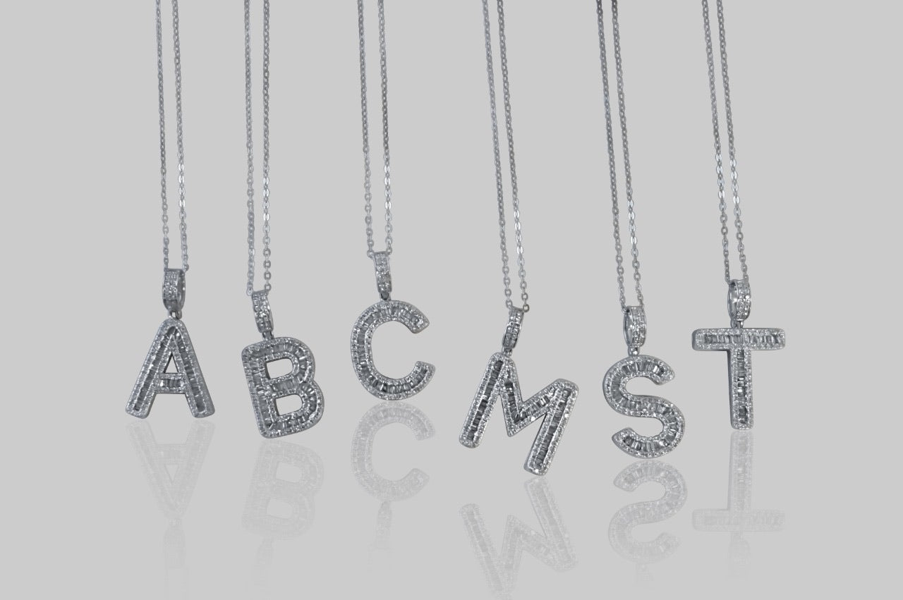 'WHITE GOLD DIAMOND BAGUETTE LETTER NECKLACE'